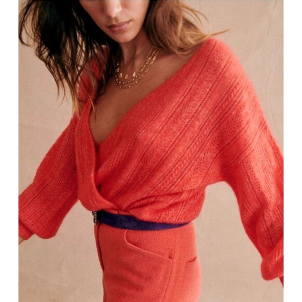 Sézane Cristina Jumper Orange Coral Mohair Wool Wrap Sweater Pointelle Knit XXS